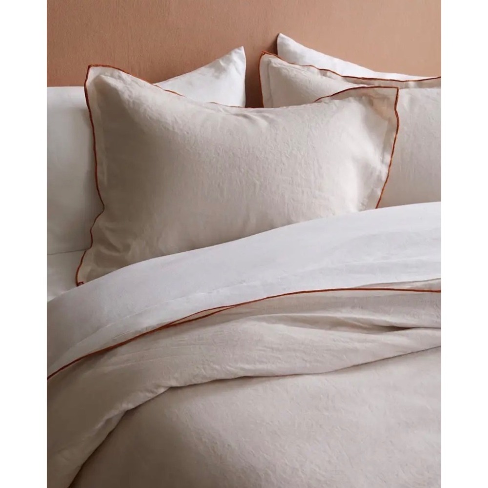 Quince European Linen Double Embroidered Duvet Cover Set Sand with Terracotta